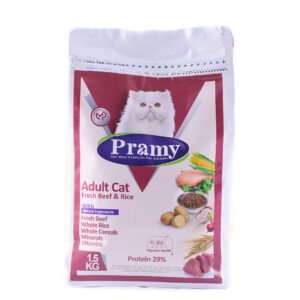 غذای خشک گربه بالغ پرامی 29% گاو و برنج 1.5 کیلویی Pramy